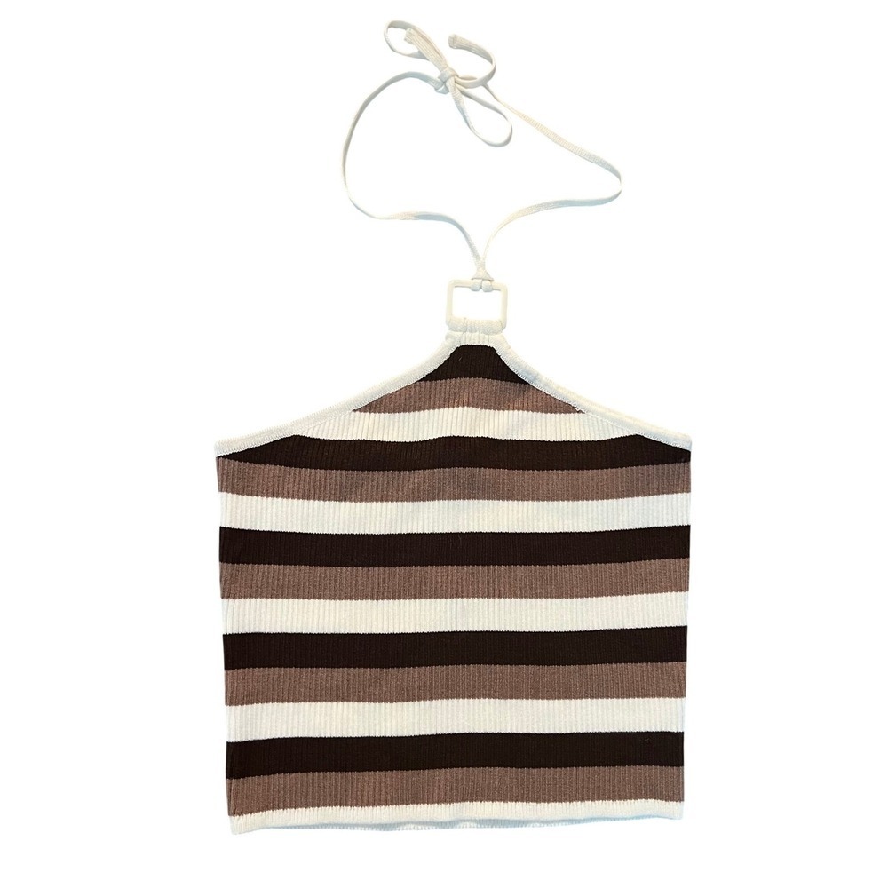 H&M Divided Brown Striped Ribbed Halter Crop Top with Ring Detail XS (0922)